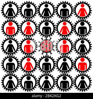 Les personnes infectées par le virus COVID-19, une par une, sur le lieu de travail, dans les foules publiques ou dans les familles Banque D'Images