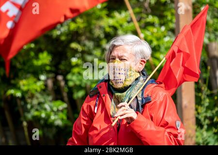 Manifestation le 1er mai, à Weberplatz à Essen, une alliance de partis et de groupes de gauche avait, en deuxième instance, devant l'OGG Münster Steptechier Banque D'Images