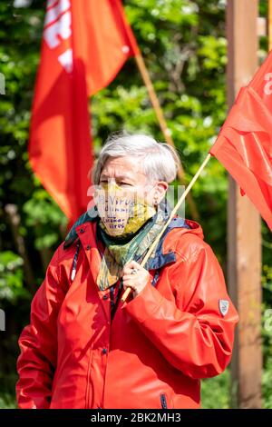 Manifestation le 1er mai, à Weberplatz à Essen, une alliance de partis et de groupes de gauche avait, en deuxième instance, devant l'OGG Münster Steptechier Banque D'Images