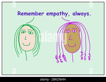 Dessin animé de couleur de deux femmes souriantes et ethniquement diverses qui disent se rappeler de l'empathie, toujours. Banque D'Images