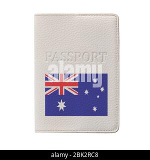 Gros plan sur passeport australien isolé sur fond blanc Banque D'Images
