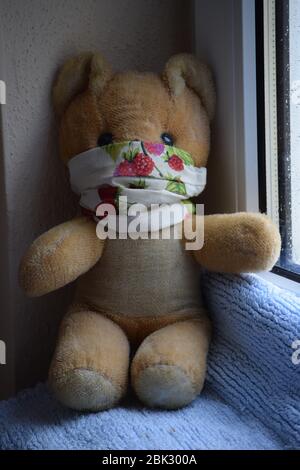 Ours en peluche ancien avec masque facial Banque D'Images