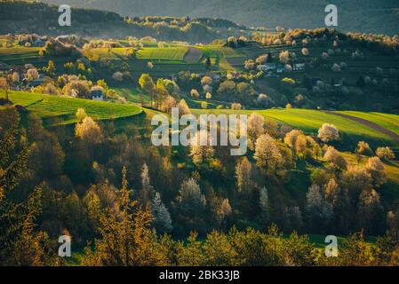 Coucher de soleil majestueux dans le paysage de montagnes. Ciel spectaculaire. Carpathe, Europe. Monde de beauté. Banque D'Images