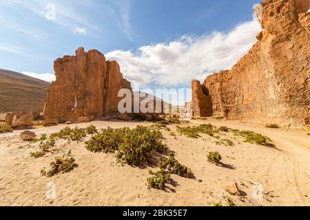 Érodé et bizarre formé des rochers et des rochers de couleur orange dans la Valle de Rocas, ou la vallée de pierre, dans le désert du sud de la Bolivie Banque D'Images