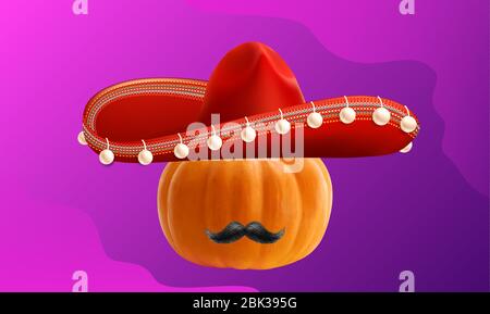 citrouille portant un chapeau et une moustache sur un fond abstrait Illustration de Vecteur