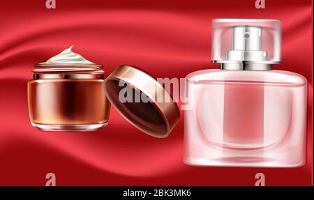 maquette illustration du parfum féminin et de la lotion pour le corps sur fond abstrait Illustration de Vecteur