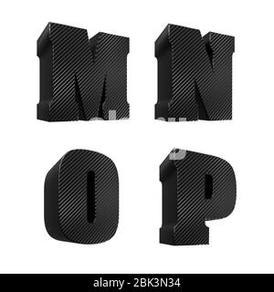 Rendu tridimensionnel de l'alphabet de texture en fibre de carbone noire, lettres M à P Banque D'Images