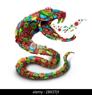 Symbole de danger de maladie comme un groupe de cellules de virus et de microbes de bactéries façonnés comme un serpent toxique comme icône médicale et pathogène ou de santé. Banque D'Images