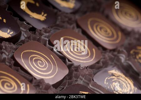 Truffes au chocolat noir et au lait de luxe. Assortiment de délicieux pralines au chocolat faites à la main à la suite. Marron foncé avec ornements dorés. Prise de vue en studio. Banque D'Images