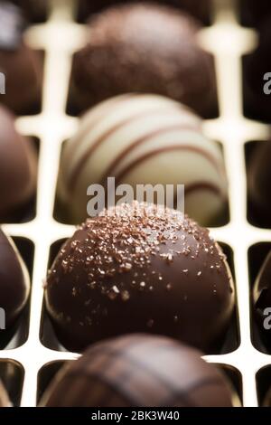 Truffes au chocolat noir et au lait de luxe. Assortiment de délicieux pralines au chocolat faites à la main à la suite. Arrière-plan plein format. Prise de vue en studio. Gros plan. Banque D'Images