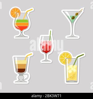 Ensemble d'autocollants de cocktails avec fruits en tranches. Illustration vectorielle Banque D'Images