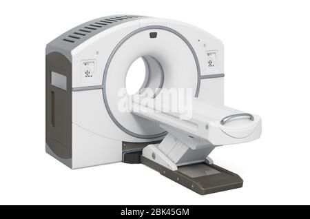 Tomographie par émission de positrons, vue latérale. Scanner PET, rendu 3D isolé sur fond blanc Banque D'Images