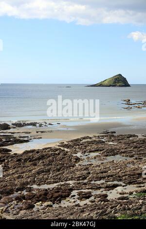 Le Great Mewstone, la plage de Wembury près de Plymouth. Vue de la plage primée de Wembury à la Great Mewstone à marée basse. AONB. Devon Royaume-Uni pas de personnes. Banque D'Images