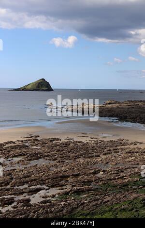 Le Great Mewstone, la plage de Wembury près de Plymouth. Vue de la plage primée de Wembury à la Great Mewstone à marée basse. AONB. Devon Royaume-Uni pas de personnes. Banque D'Images