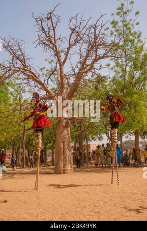 Danses traditionnelles des Dogon dans le village de Sangha, dans le pays Dogon au Mali, Afrique de l'Ouest. Banque D'Images