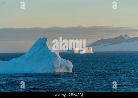 Vue des icebergs en soirée, la lumière s'est dévier dans le détroit de l'Antarctique près de Hope Bay, à l'extrémité de la péninsule antarctique Banque D'Images