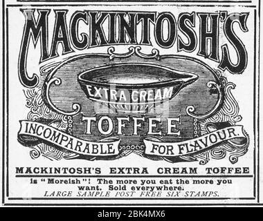 Vieille publicité de papier journal victorien de début des années 1900, dans les jours avant les normes de publicité. Publicité sur les aliments anciens, publicités sur les produits alimentaires anciens. Banque D'Images