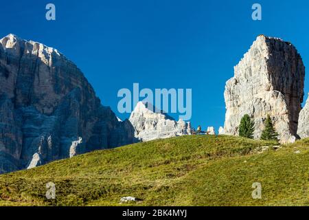 Homme sur un téléphone cellulaire avec Tofana di Rozes et les Dolomites qui dominent près de Cortina d'Ampezzo, Vénétie, Italie Banque D'Images