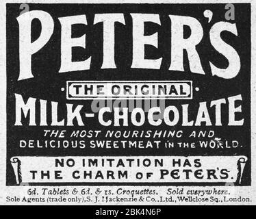 Vieille publicité de papier journal victorien de début des années 1900, dans les jours avant les normes de publicité. Publicité sur les aliments anciens, publicités sur les produits alimentaires anciens. Banque D'Images