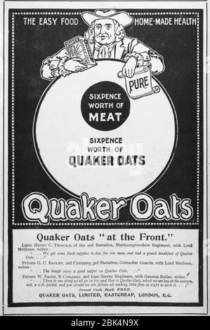 Publicité de nourriture Old Victorian Quaker Oats début 1900, dans les jours avant les normes de publicité. Publicité sur les aliments anciens, publicités sur les produits alimentaires anciens. Banque D'Images