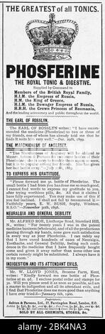 Publicité de médecine ancienne du début des années 1900, avant l'aube des normes de publicité. Histoire de la publicité, de vieilles publicités, de la publicité médicale, de l'huile de serpent. Banque D'Images