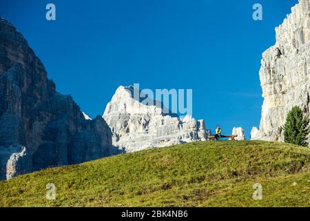 Homme sur un téléphone cellulaire avec Tofana di Rozes et les Dolomites qui dominent près de Cortina d'Ampezzo, Vénétie, Italie Banque D'Images