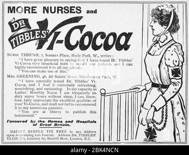 Vieille publicité de papier journal victorien de début des années 1900, dans les jours avant les normes de publicité. Publicité sur les aliments anciens, publicités sur les produits alimentaires anciens. Banque D'Images