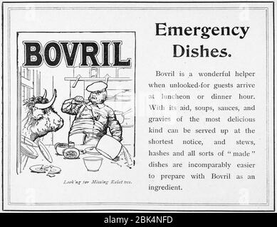 Old Victorian Newsprint food Bovril annonce du début des années 1900, dans les jours avant les normes de publicité. Publicité sur les aliments anciens, publicités sur les produits alimentaires anciens Banque D'Images