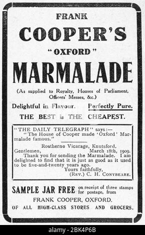 Vieux papier journal victorien la publicité culinaire Marmalade Cooper du début des années 1900, dans les jours précédant les normes de publicité. Publicité ancienne sur la nourriture. Banque D'Images