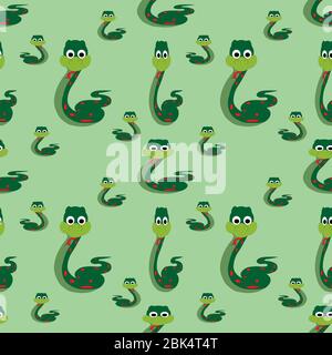 Les serpents verts illustrés glissent dans un motif vert répétitif sans couture. Banque D'Images