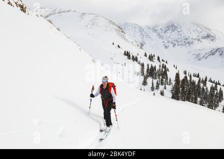 Une femme bénéficie d'une visite des pistes de ski de fond à Mayflower Gulch, Tenmile Range, Colorado. Banque D'Images