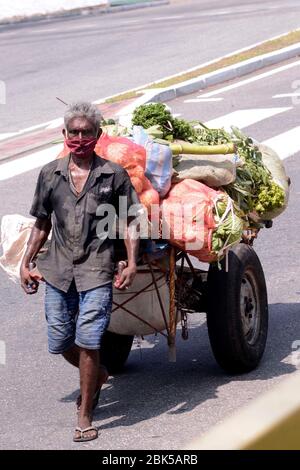 Colombo, Sri Lanka. 1 mai 2020. Un vendeur tire un chariot chargé de légumes à Colombo, Sri Lanka, le 1er mai 2020. Le Sri Lanka est actuellement confronté à un couvre-feu à l'échelle du pays en raison de la propagation de la pandémie COVID-19, qui a jusqu'à présent infecté plus de 650 personnes et causé sept morts. Crédit: Gayan Sameera/Xinhua/Alay Live News Banque D'Images