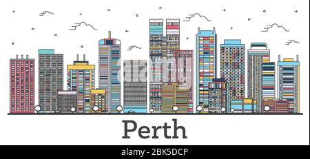 Aperçu Perth Australie City Skyline avec bâtiments de couleur isolés sur blanc. Illustration vectorielle. Perth Cityscape avec sites touristiques. Illustration de Vecteur