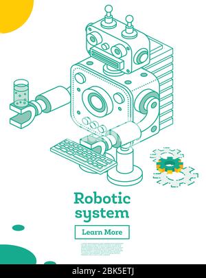 Contour Isométrique Toy robot avec intelligence artificielle isolé sur blanc. Illustration vectorielle. Caractère du robot. Technologie future. Illustration de Vecteur