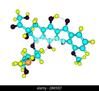 La doxorubicine (Adriamycine), également connue sous le nom d'hydroxydaunorubicine, est un médicament utilisé dans la chimiothérapie anticancéreuse et dérivé par la semi-synthèse chimique d'une bactérie Banque D'Images