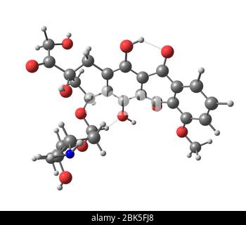 La doxorubicine (Adriamycine), également connue sous le nom d'hydroxydaunorubicine, est un médicament utilisé dans la chimiothérapie anticancéreuse et dérivé par la semi-synthèse chimique d'une bactérie Banque D'Images