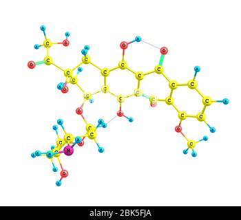 La doxorubicine (Adriamycine), également connue sous le nom d'hydroxydaunorubicine, est un médicament utilisé dans la chimiothérapie anticancéreuse et dérivé par la semi-synthèse chimique d'une bactérie Banque D'Images