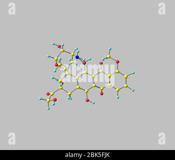 La doxorubicine (Adriamycine), également connue sous le nom d'hydroxydaunorubicine, est un médicament utilisé dans la chimiothérapie anticancéreuse et dérivé par la semi-synthèse chimique d'une bactérie Banque D'Images