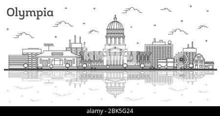 Aperçu Olympia Washington City Skyline avec bâtiments modernes et réflexions isolées sur blanc. Illustration vectorielle. Olympia USA Cityscape avec Landm Illustration de Vecteur