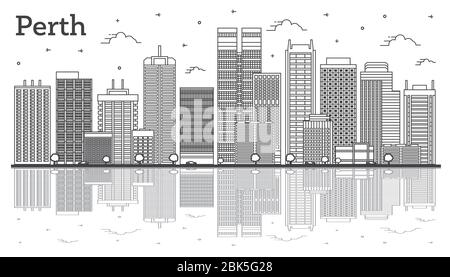 Aperçu Perth Australie City Skyline avec bâtiments modernes et réflexions isolées sur le blanc. Illustration vectorielle. Perth Cityscape avec sites touristiques. Illustration de Vecteur