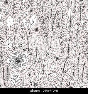 Motif fleuri noir et blanc sans couture, fleurs dessinées à dessin animé, fond naturel exotique, dessin à la main. Présenter les branches, les bourgeons et les pétales de plantes A Illustration de Vecteur