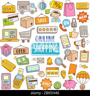 Ensemble d'éléments d'illustration de dessins animés vectoriels pour le shopping en ligne. Divers objets de shopping en ligne tractés à la main dans la couleur de dodle. Illustration de Vecteur