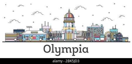 Aperçu Olympia Washington City Skyline avec bâtiments de couleur isolés sur blanc. Illustration vectorielle. Olympia USA Cityscape avec des monuments. Illustration de Vecteur