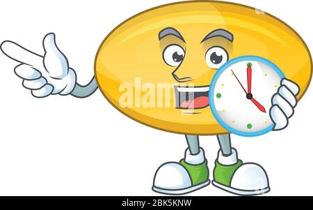 Concept de mascotte à capsule d'huile tenant une horloge circulaire. Illustration vectorielle Illustration de Vecteur