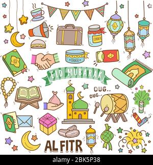 Ensemble d'éléments d'illustration vectorielle eid al fitr. Divers types d'éléments eid moubarak dessinés à la main dans des couleurs. Illustration de Vecteur