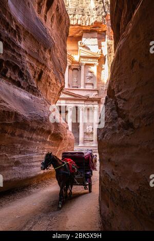 Calèches tirées par des chevaux dans le Siq Slot Canyon à la ville de Petra, en Jordanie Banque D'Images