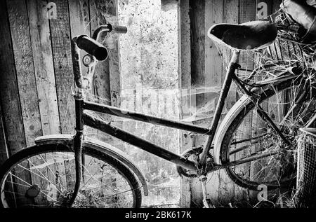 Dans le style noir et blanc, un vélo vintage recouvert de toiles d'araignée Banque D'Images