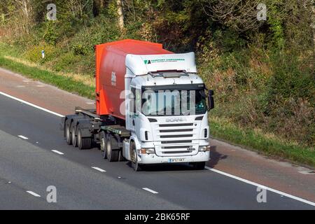 Conteneurs Biffa FAirport ; remise à neuf des conteneurs de déchets ; camions de livraison Haulage, camion, transport, camion, transporteur de fret, véhicule Scania R420, transport commercial européen, industrie, M6 à Lancaster, Royaume-Uni Banque D'Images