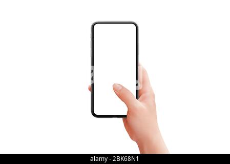 Téléphone moderne mockup dans femme isolé à la main en blanc. La main de femme retouchée tient le téléphone avec son pouce en contact avec la surface de l'écran Banque D'Images