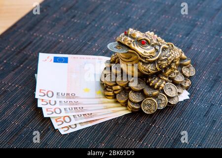 La grenouille monétaire feng shui symbole de prospérité avec la pièce de monnaie et les billets en euros toujours vie Banque D'Images